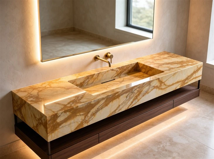 Giallo Siena Marble floating vanity top with an integrated stone sink, mitered edges and dark walnut cabinetry