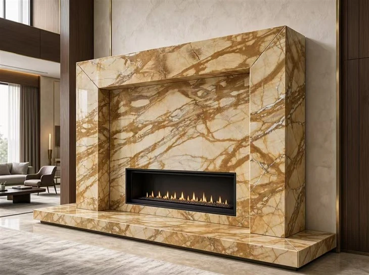 Giallo Siena Marble fireplace surround with mitered edges and a matching hearth in a luxury contemporary living room