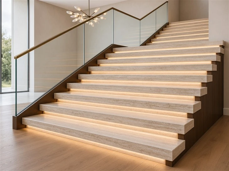 Italian Roman Travertine interior staircase with mitered stone treads, illuminated risers and glass railings in a luxury custom home