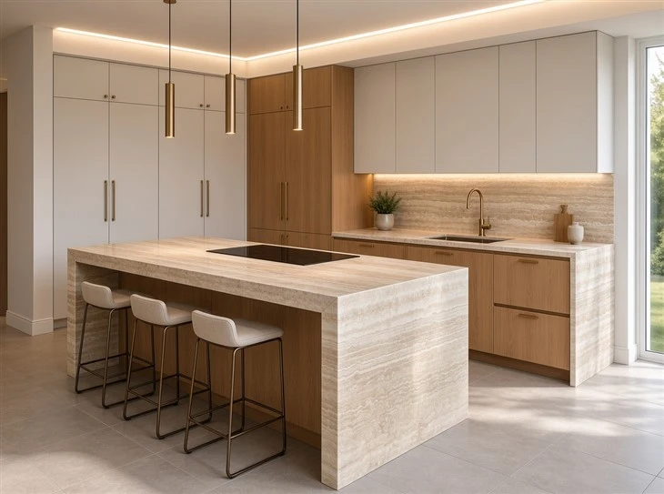 Italian Roman Travertine kitchen countertop and waterfall island with mitered edges, matching backsplash and warm wood cabinetry