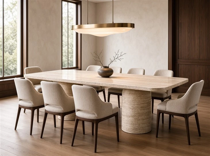 Italian Roman Travertine dining table with twin cylindrical bases, upholstered chairs and dark wood details in a luxury dining room