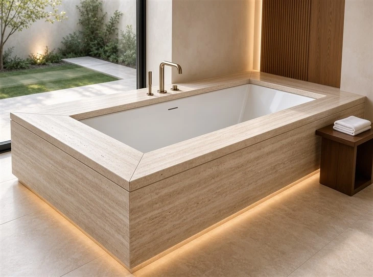 Italian Roman Travertine bathtub deck with mitered corners, matching stone apron panels and warm integrated lighting in a luxury bathroom