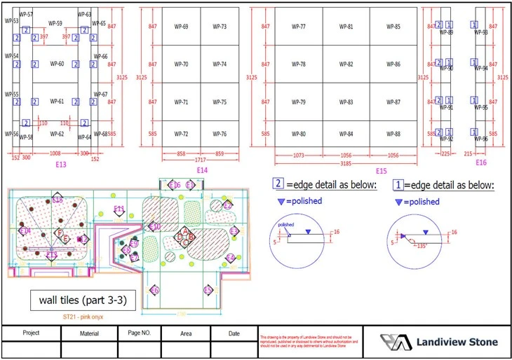  Landiview Stone shop drawings for custom 16 mm polished Pink Onyx wall tiles with piece numbers, dimensions and edge details.